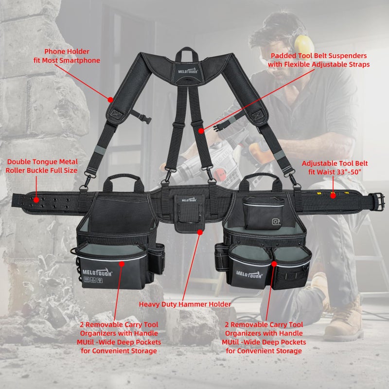 MELOTOUGH Professional Tool Belt with Suspenders Carpenter Tool Belt Combo Organizer Tools Pouch Suspenders with 32 Pockets and Loops fits 34"-48"Waist - Image 5