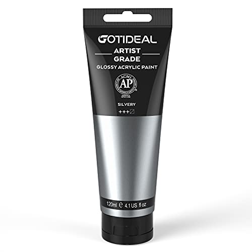 GOTIDEAL Metallic Acrylic Paint Silver Tubes(120ml, 4.1 oz) Non Toxic Non Fading,Rich Pigments for Painters, Adults & Kids, Ideal for Canvas Wood Clay Fabric Ceramic Craft Supplies (Silver) - Image 1