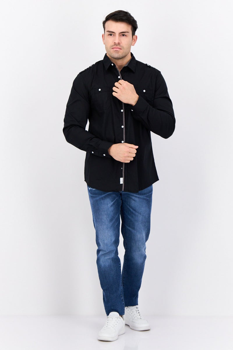 Paper Denim & Cloth قميص رجالي ضيق بأكمام طويلة سادة، أسود - Image 4