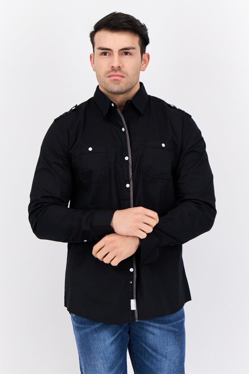 Paper Denim & Cloth قميص رجالي ضيق بأكمام طويلة سادة، أسود - Image 1