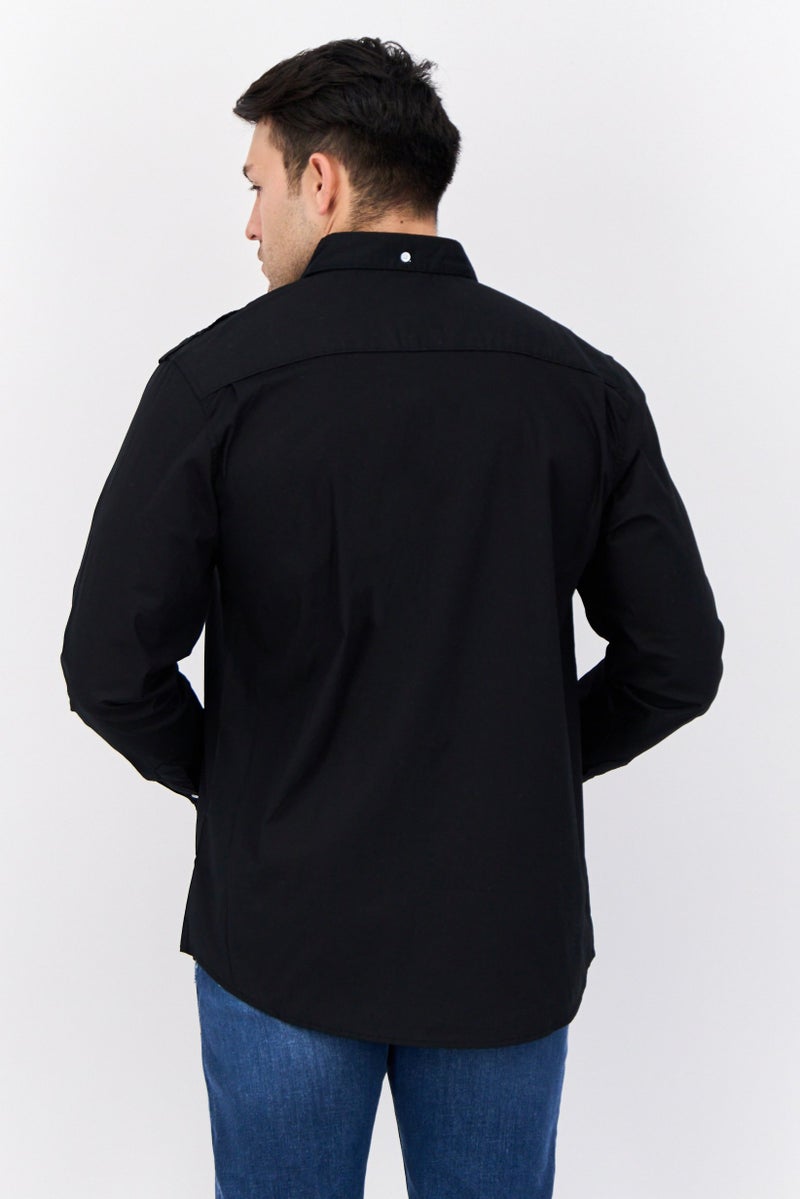 Paper Denim & Cloth قميص رجالي ضيق بأكمام طويلة سادة، أسود - Image 3