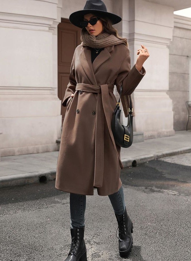 HOTIAN Women's Winter Wool Blend Coat Double Breasted Casual Notch Lapel Long Trench Overcoat Peacoat, Brown, XL - Image 4