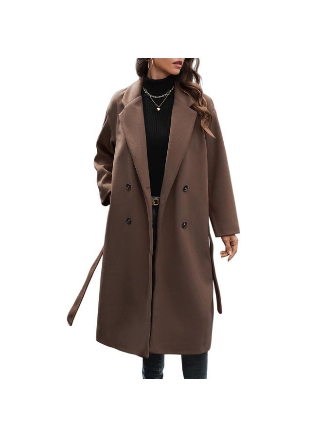 HOTIAN Women's Winter Wool Blend Coat Double Breasted Casual Notch Lapel Long Trench Overcoat Peacoat, Brown, XL - Image 1