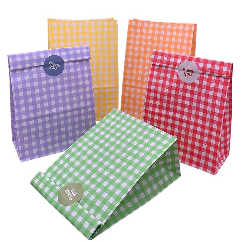 Suponey 25pcs Party Favor Bags Colorful Paper Bags Rainbow Treat Bags Checked Gift Bags Goodie Bags with Stickers for Birthday Party Baby Shower Holiday Celebration - Image 1