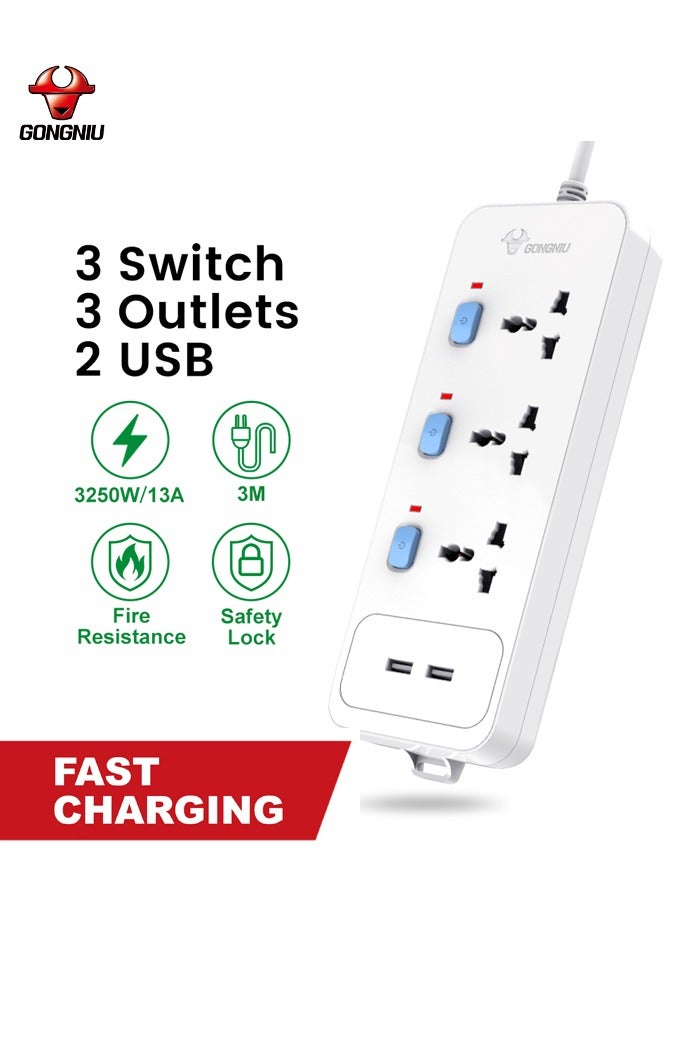 GONGNIU 5M Power Extension Cord with 4 Universal Sockets & Individual Switches + 2 USB Ports – Heavy-Duty Extension Cable | 13A Overload Protection, Fireproof, Child Safety Lock – For Home, Office, Travel - Image 1