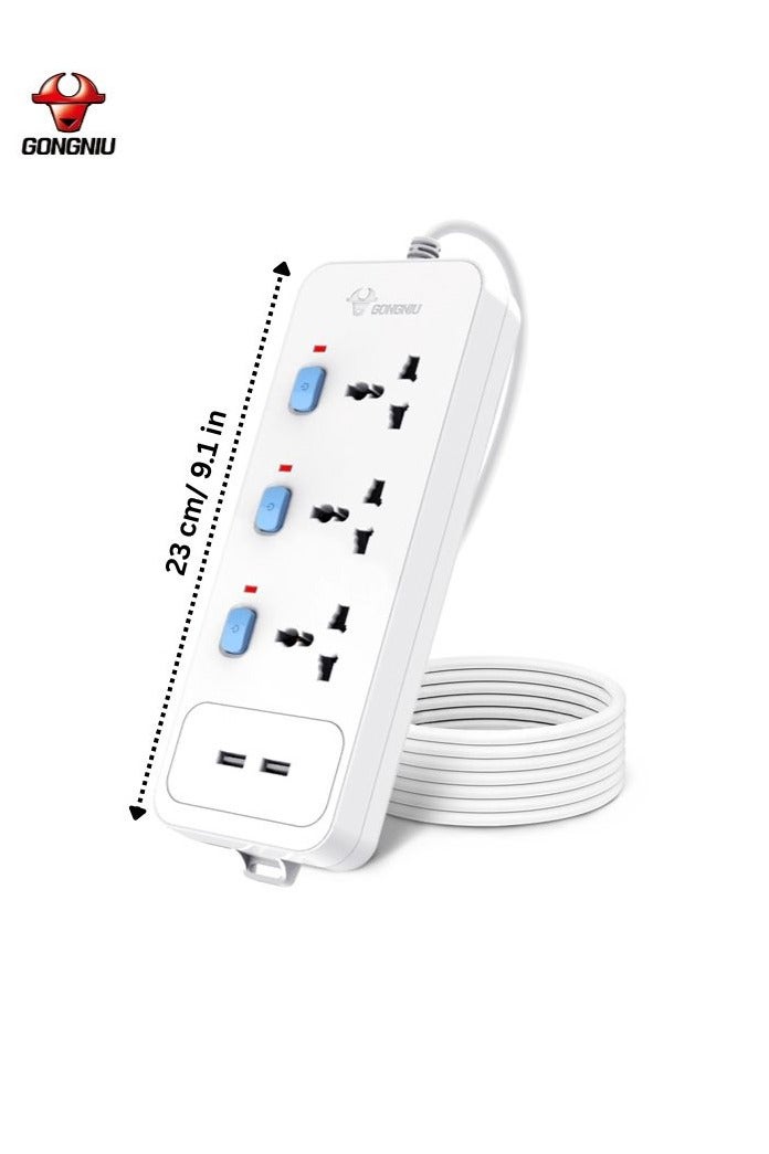 GONGNIU 5M Power Extension Cord with 4 Universal Sockets & Individual Switches + 2 USB Ports – Heavy-Duty Extension Cable | 13A Overload Protection, Fireproof, Child Safety Lock – For Home, Office, Travel - Image 2