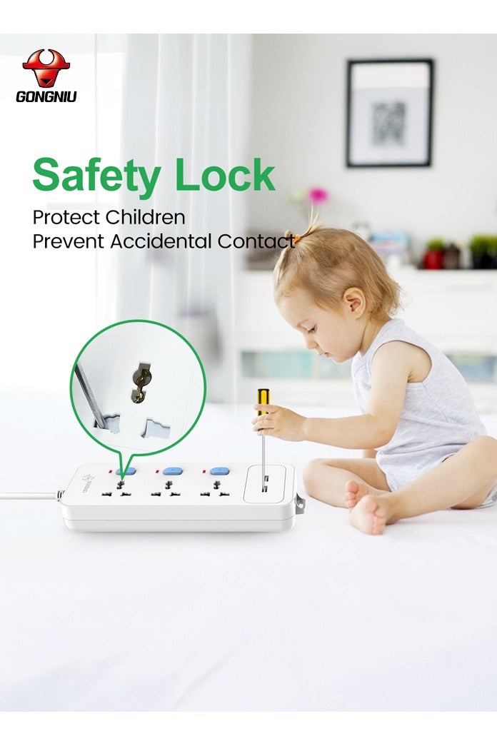 GONGNIU 5M Power Extension Cord with 4 Universal Sockets & Individual Switches + 2 USB Ports – Heavy-Duty Extension Cable | 13A Overload Protection, Fireproof, Child Safety Lock – For Home, Office, Travel - Image 5