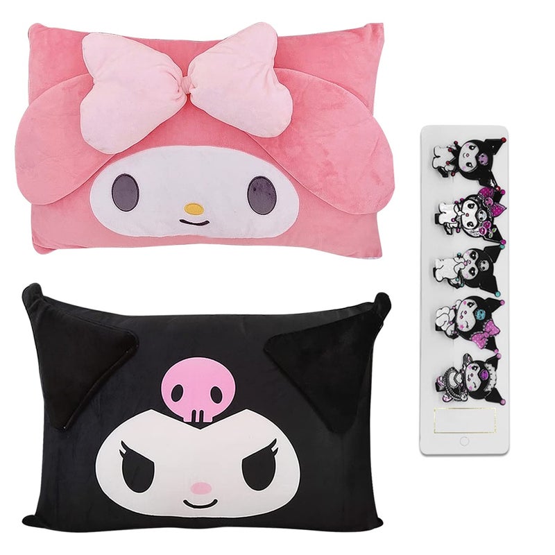 Shuyun Cartoon Cute Pillowcase Anime Double Sided Plush Pillowslip Girl Bedroom Decoration Kawaii Cotton Pillowcase + Cute Hairpin (Black+Pink) - Image 1