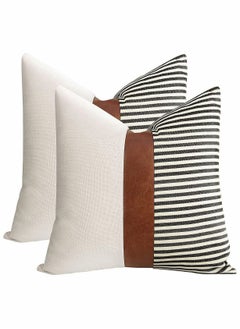 Y&D Modern Geometric Decorative Throw Pillow Covers Home Cushion Set of 2 Farmhouse Decor Stripe Patchwork Linen Covers, Tan Faux Leather Accent 18x18 inch  - Image 1