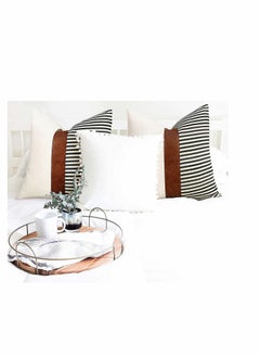Y&D Modern Geometric Decorative Throw Pillow Covers Home Cushion Set of 2 Farmhouse Decor Stripe Patchwork Linen Covers, Tan Faux Leather Accent 18x18 inch  - Image 2