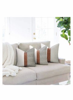 Y&D Modern Geometric Decorative Throw Pillow Covers Home Cushion Set of 2 Farmhouse Decor Stripe Patchwork Linen Covers, Tan Faux Leather Accent 18x18 inch  - Image 4