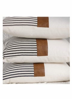 Y&D Modern Geometric Decorative Throw Pillow Covers Home Cushion Set of 2 Farmhouse Decor Stripe Patchwork Linen Covers, Tan Faux Leather Accent 18x18 inch  - Image 5