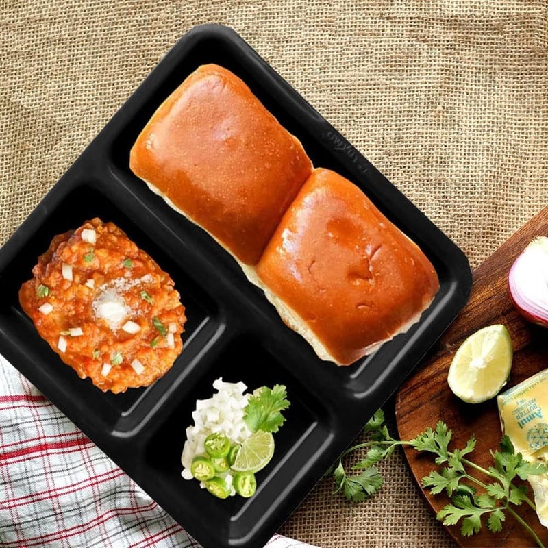 AWICKTIK FoodGrade Virgin Plastic MicrowaveSafe 3Compartments DividedDinner 9 Inches Pav Bhaji Plates24 Black - Image 1