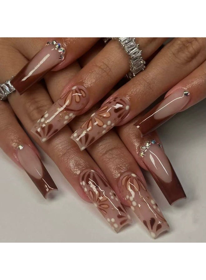 Goolsky Luxurious Coffee French Floral Glitter Rhinestone Long Tube Press-on Nails - Image 4