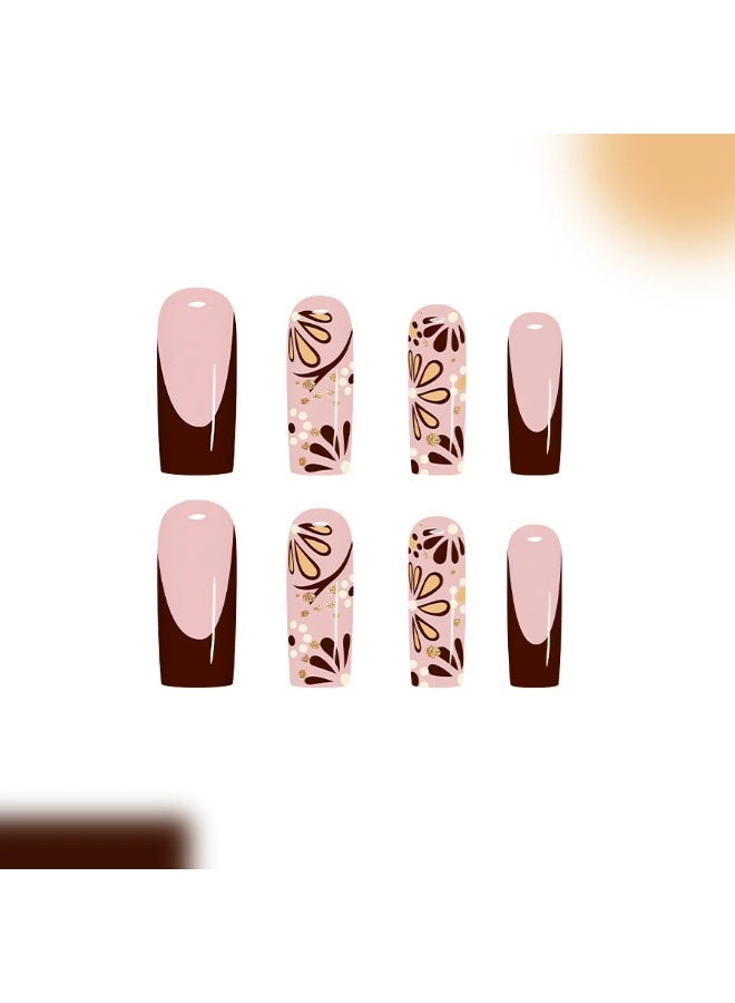 Goolsky Luxurious Coffee French Floral Glitter Rhinestone Long Tube Press-on Nails - Image 1