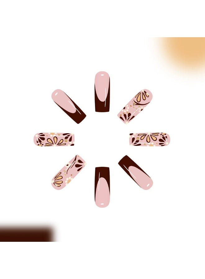 Goolsky Luxurious Coffee French Floral Glitter Rhinestone Long Tube Press-on Nails - Image 2