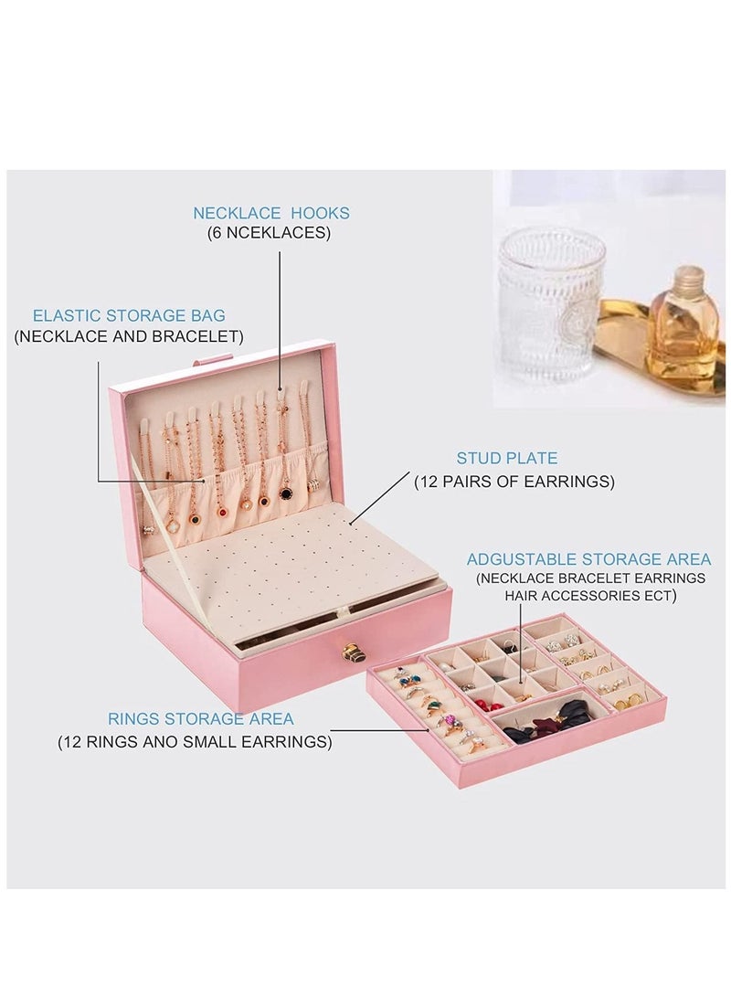 Arabest Jewelry Box, Earring Clip Organizer with PU Leather, Large Jewelry Storage for Ladies Girlfriend,Ring, Necklace(Pink) - Image 3