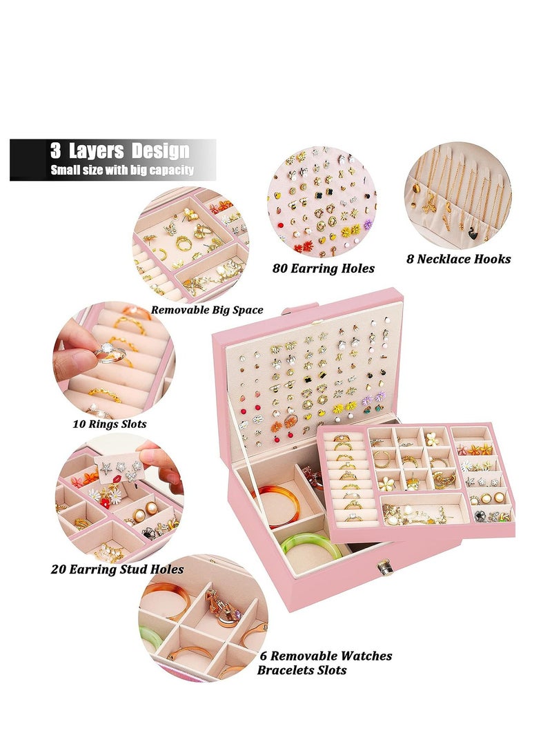 Arabest Jewelry Box, Earring Clip Organizer with PU Leather, Large Jewelry Storage for Ladies Girlfriend,Ring, Necklace(Pink) - Image 2