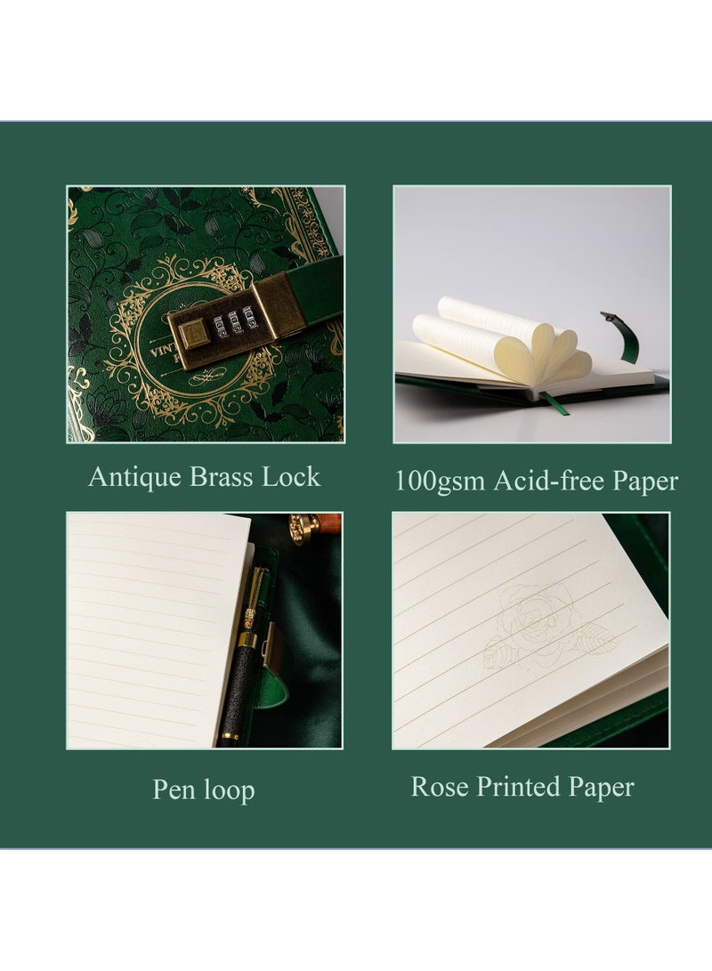 Green Vintage Leather Journal with Combination Lock, B6 Embossed Floral Secret Diary, Ruled Lined Paper for Writing - Ideal Gift for Women, Girls, Kids - Image 3