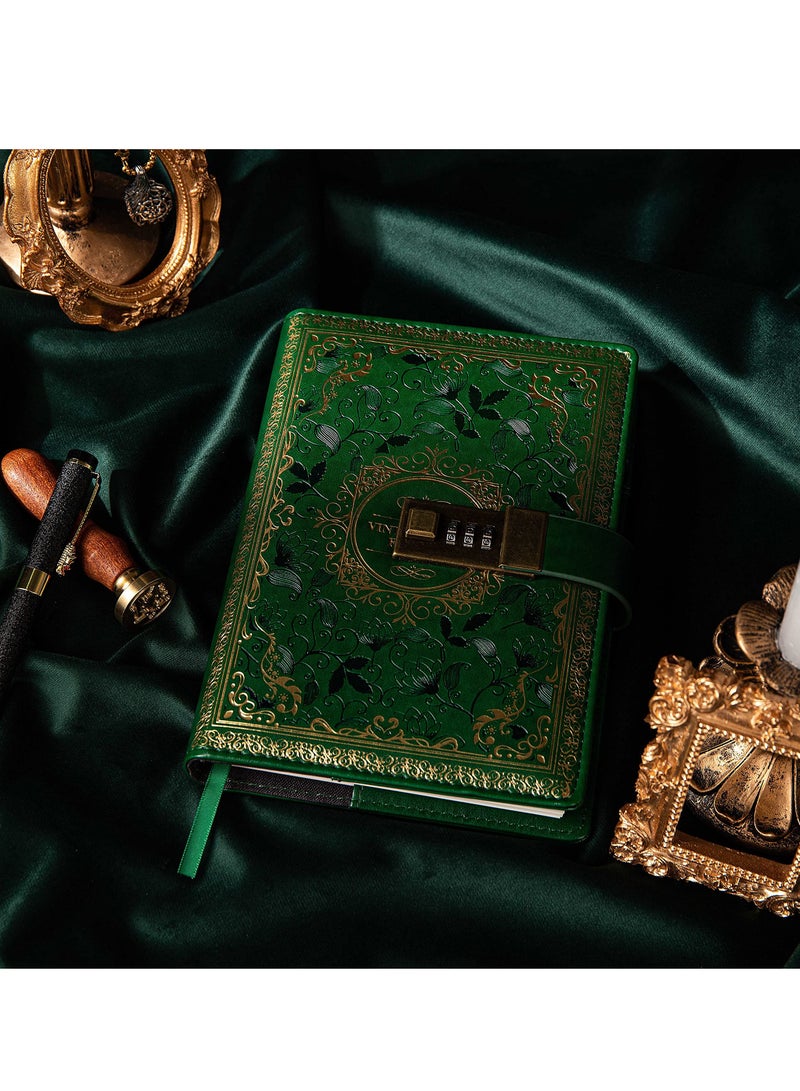Green Vintage Leather Journal with Combination Lock, B6 Embossed Floral Secret Diary, Ruled Lined Paper for Writing - Ideal Gift for Women, Girls, Kids - Image 5
