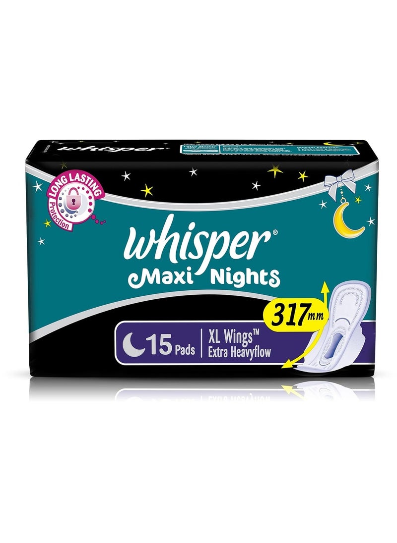 Whisper Whisper Maxi Nights Sanitary Pads for Women, XL, Pack of 15 Napkins  - Image 1