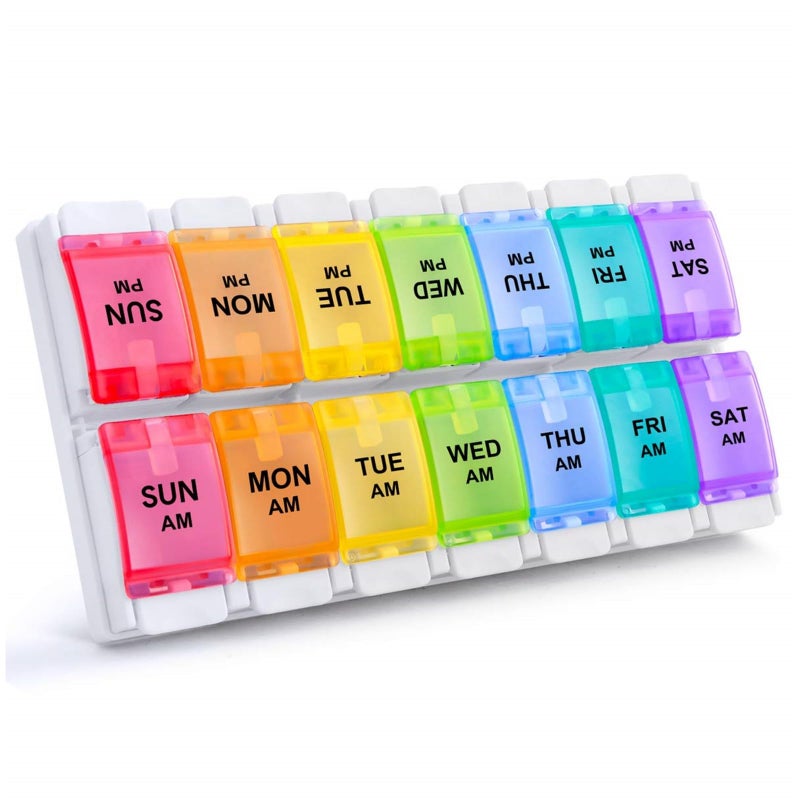 Sukuos AM PM Weekly Pill Organizer 2 Times A Day, Large Daily Pill Box Case 7 Day with Easy Push Button Design, Detachable Medicine Holder for Vitamin/Fish Oil/Supplements (Rainbow) - Image 1