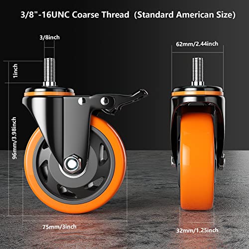 YUPEZOP Stem Caster Wheels 3 Inch Heavy Duty Threaded Stem Casters UNC 3/8"-16 x 1 Swivel Casters Set of 4 with Safety Dual Locking Wheel for Furniture and Cart - Image 2