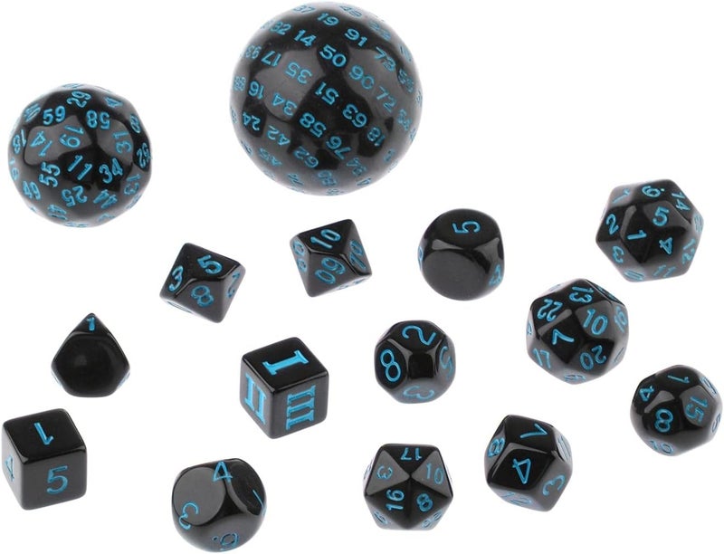 klarako Pack of 15 Acrylic Multi sided Numeral Dice D100 D60 D30 D24 D20 D16 D12 D10 D8 D7 D5 D4 for MTG DND RPG Party Casino Table Game Toy  Blue - Image 1