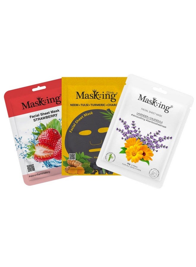 MasKing Beauty Facial Sheet Mask, |Natural Bamboo Fiber Sheet Mask,|Charcoal Sheet Mask, |Strawberry, Watermelon, Neem, Tulsi & Turmeric|For glowing & fairness | Combo Pack of 3 - Image 1