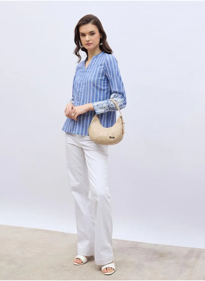 ستايلي Styli Striped Buttoned Blouse with Lace Detail
