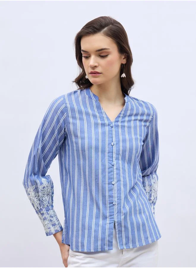 ستايلي Styli Striped Buttoned Blouse with Lace Detail