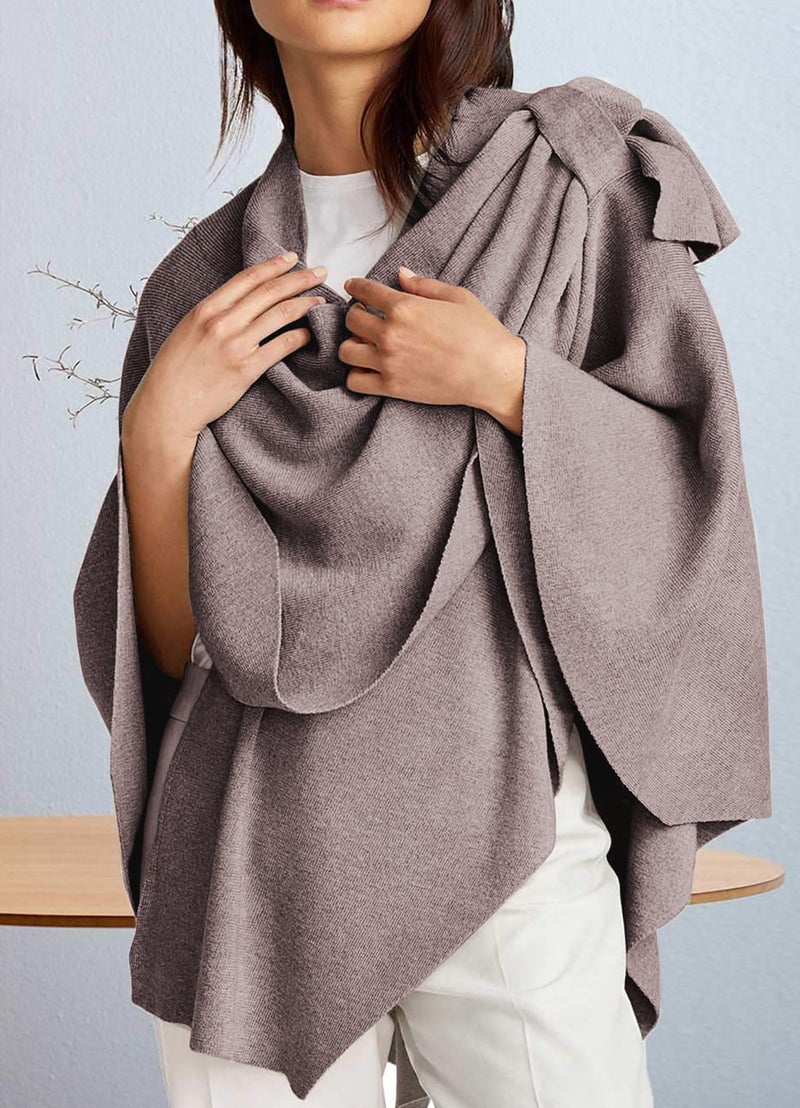 Puli بولي سترة بونشو نسائية كبيرة بواجهة متقاطعة، غلاف أنيق، شالات محبوكة، كيب لفصل الخريف والشتاء بلون الشوفان - Image 5