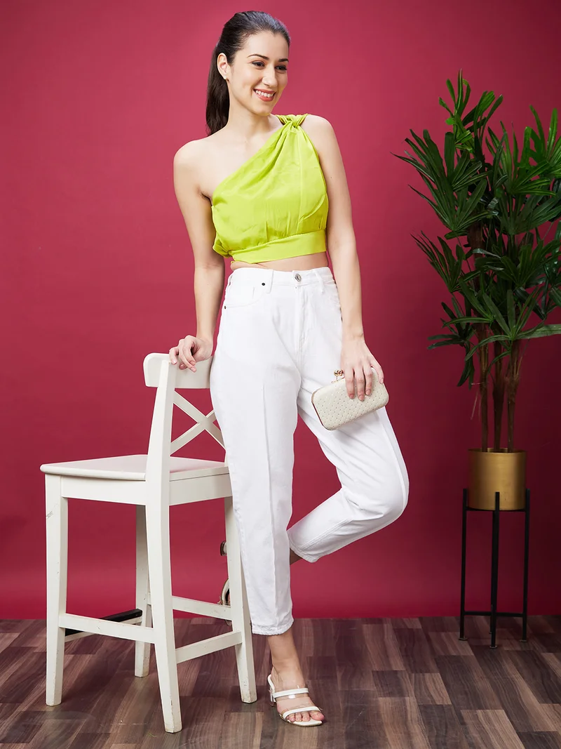 globus Globus Women Green One Shoulder Smocked Crepe Crop Top