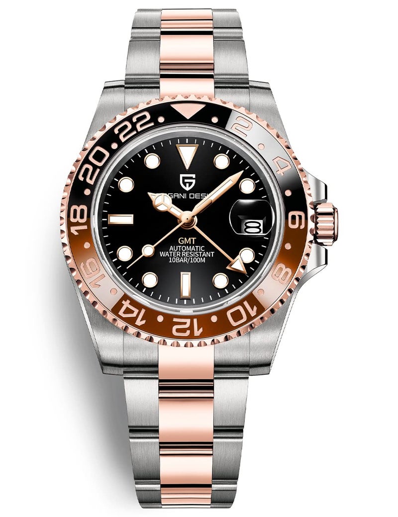 PAGRNE DESIGN ساعة رجال باجاني ديزاين GMT للرجال أوتوماتيكية 40MM تاريخ 100M مقاومة للماء من الفولاذ المقاوم للصدأ زجاج ياقوتي ساعات ميكانيكية PD-1662 (3 وردي ذهبي أسود) - Image 1