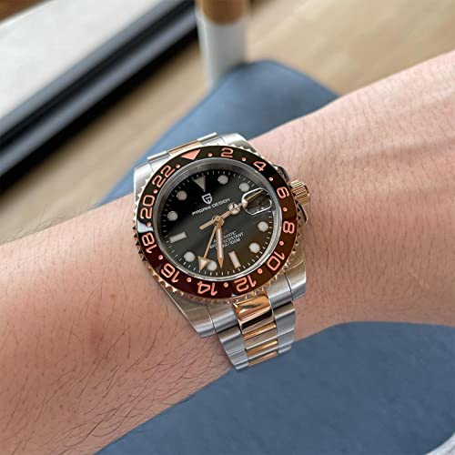 PAGRNE DESIGN ساعة رجال باجاني ديزاين GMT للرجال أوتوماتيكية 40MM تاريخ 100M مقاومة للماء من الفولاذ المقاوم للصدأ زجاج ياقوتي ساعات ميكانيكية PD-1662 (3 وردي ذهبي أسود) - Image 2