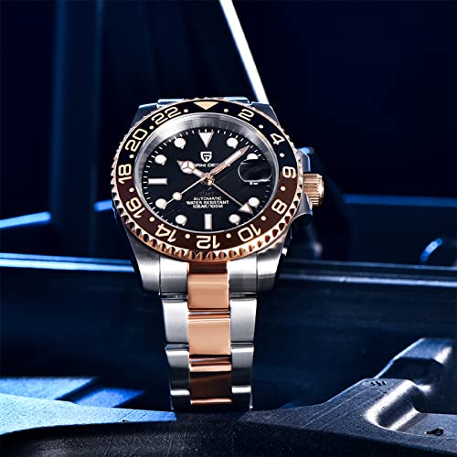 PAGRNE DESIGN ساعة رجال باجاني ديزاين GMT للرجال أوتوماتيكية 40MM تاريخ 100M مقاومة للماء من الفولاذ المقاوم للصدأ زجاج ياقوتي ساعات ميكانيكية PD-1662 (3 وردي ذهبي أسود) - Image 5