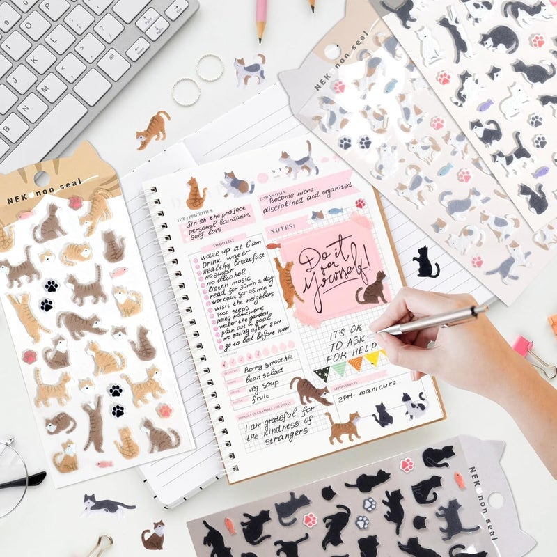 Cute Cat Stickers for Scrapbooking, Kawaii Cat Paws and Tuxedo, Tabby  Calico Designs, Felt Vintage Aesthetic Stickers for Journaling, Planner, DIY Decoration, 4 Sheets - Image 3