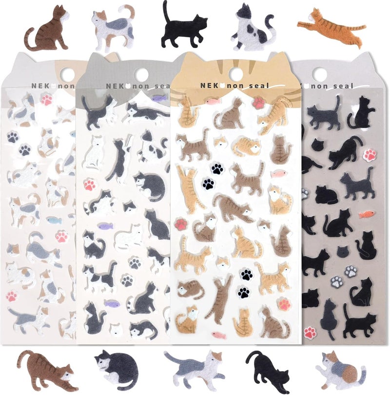 Cute Cat Stickers for Scrapbooking, Kawaii Cat Paws and Tuxedo, Tabby  Calico Designs, Felt Vintage Aesthetic Stickers for Journaling, Planner, DIY Decoration, 4 Sheets - Image 1