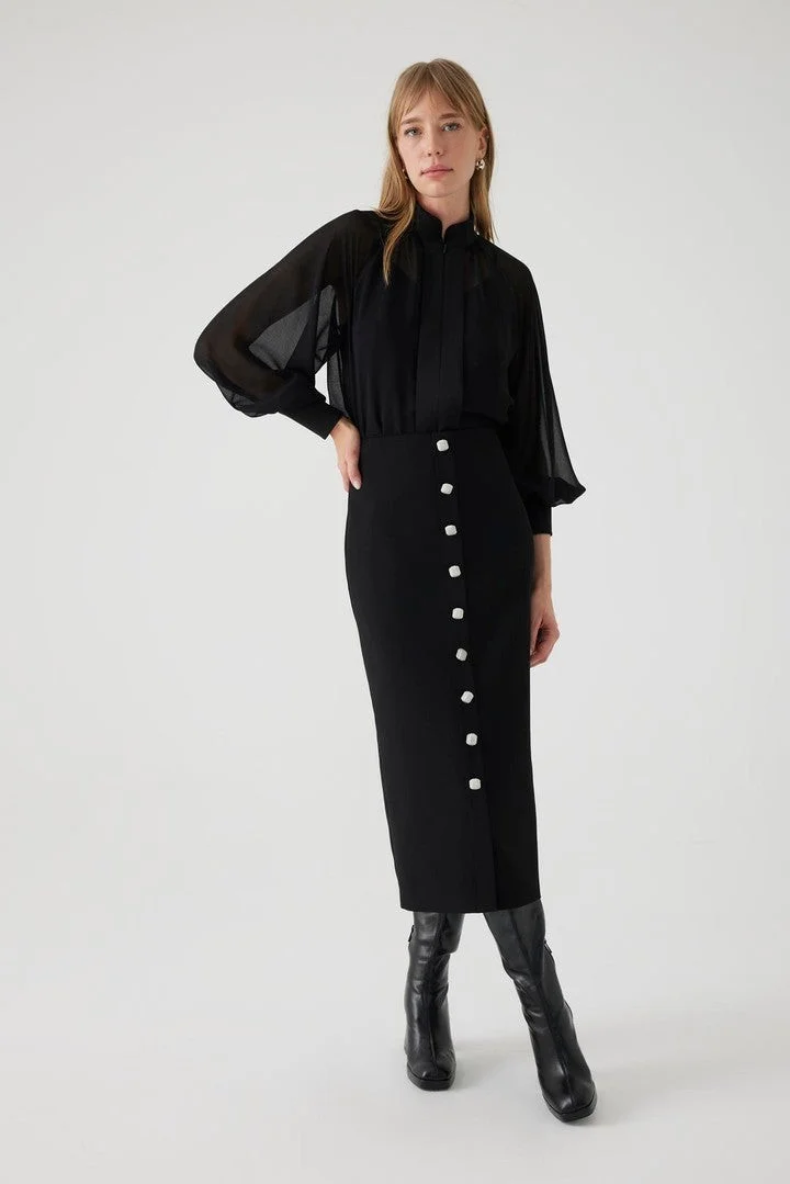 EXQUISE Black Midi Pencil Skirt with Front Buttons