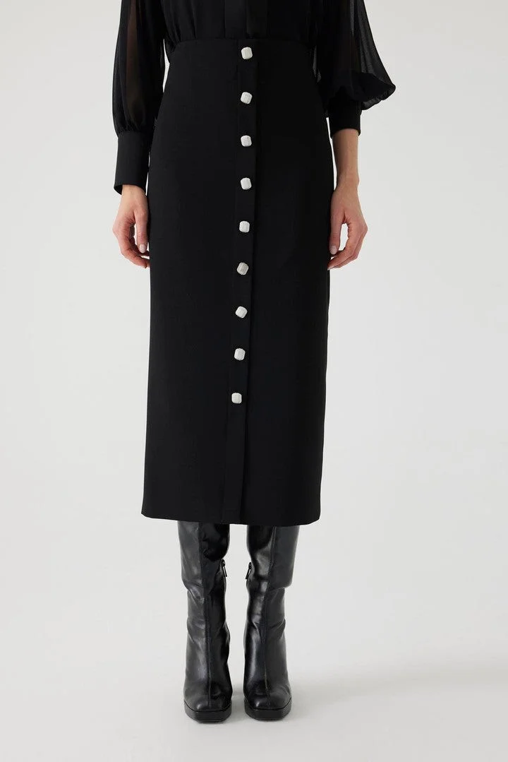 EXQUISE Black Midi Pencil Skirt with Front Buttons