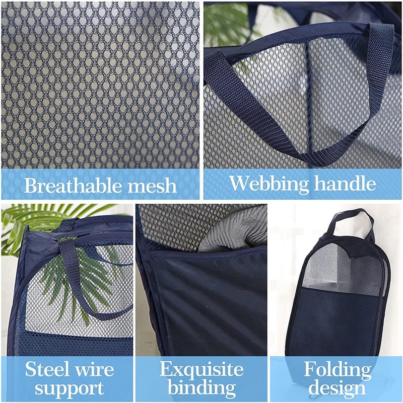 AQQA 9 Pcs Mesh Popup Laundry Hamper Set, Black/White/Blue, Durable Handles, Foldable, Sturdy Mesh Construction, Ideal for Kids, Teens, Adults, College Dorm, Camping, Hotel, Travel - Image 4