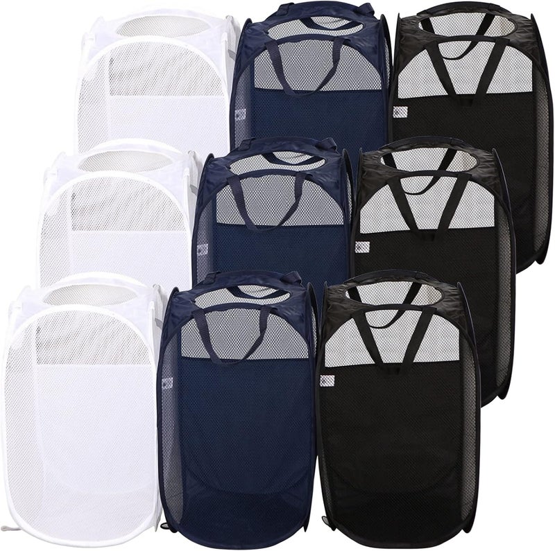 AQQA 9 Pcs Mesh Popup Laundry Hamper Set, Black/White/Blue, Durable Handles, Foldable, Sturdy Mesh Construction, Ideal for Kids, Teens, Adults, College Dorm, Camping, Hotel, Travel - Image 1