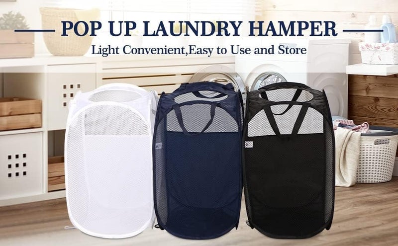 AQQA 9 Pcs Mesh Popup Laundry Hamper Set, Black/White/Blue, Durable Handles, Foldable, Sturdy Mesh Construction, Ideal for Kids, Teens, Adults, College Dorm, Camping, Hotel, Travel - Image 5