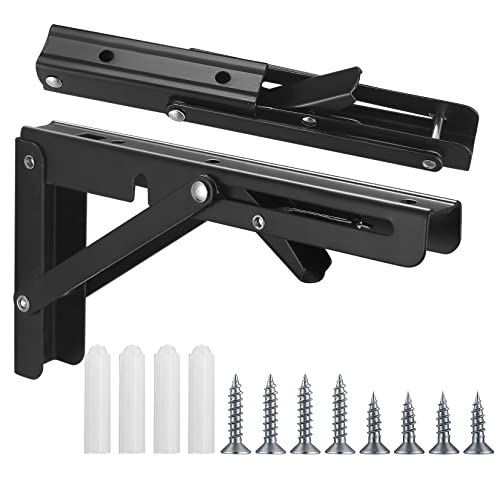 TOOINKCV 2 Pcs Folding Shelf Brackets, 8 Inch Heavy Duty Floating Triangle Shelf Brackets, Collapsible Shelves Brackets, Wall Mounted L Table Hinges Brackets for Bench Table with Screws (8 Inch) - Image 1