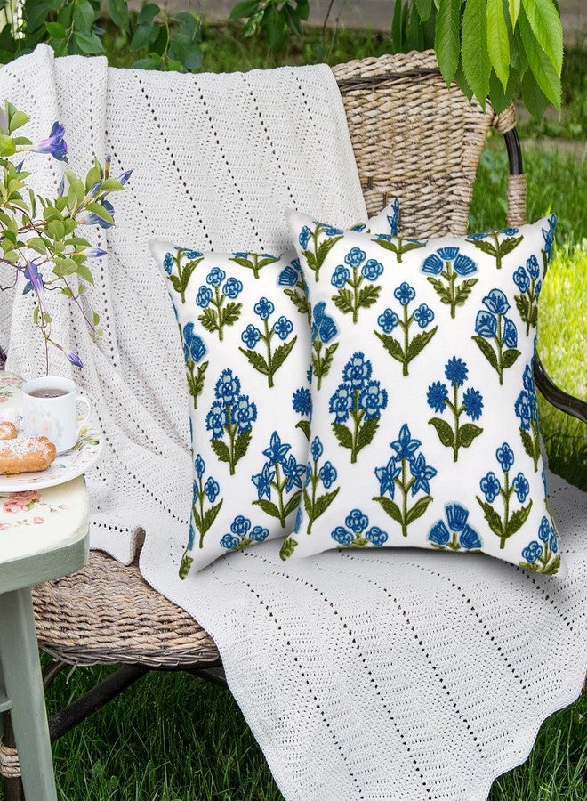 Alysheer Summer Floral Embroidered Decorative Throw Pillow Covers 18"x 18" Set of 2, Farmhouse Blue Green Flowers Block Patterned Cotton Cushion Cases for Couch Bed Living Room Decor - Image 3