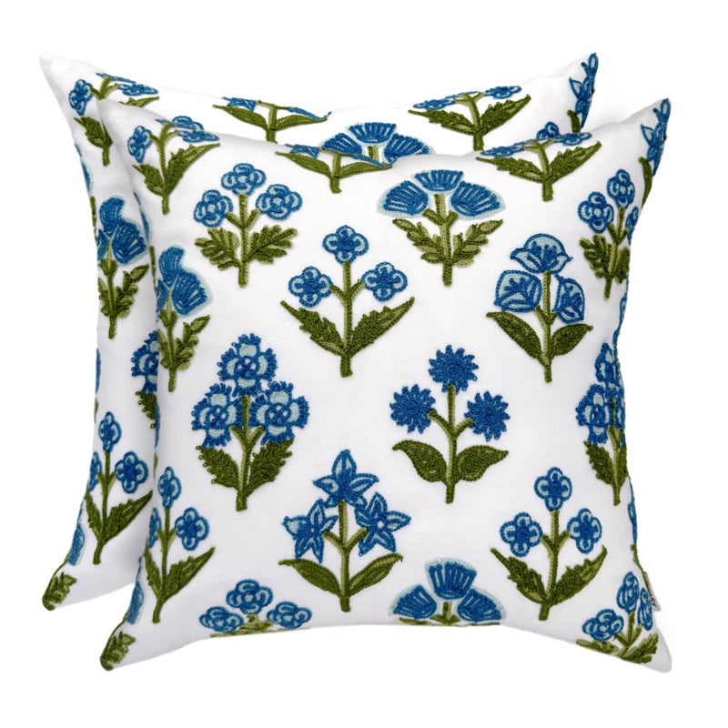 Alysheer Summer Floral Embroidered Decorative Throw Pillow Covers 18"x 18" Set of 2, Farmhouse Blue Green Flowers Block Patterned Cotton Cushion Cases for Couch Bed Living Room Decor - Image 1