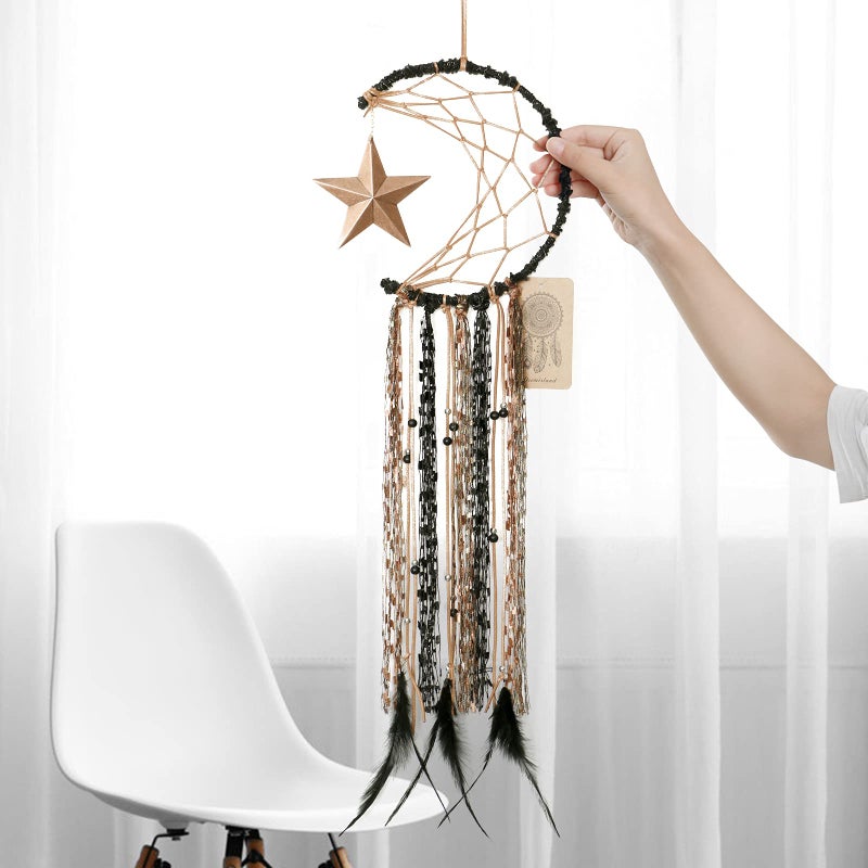 Dremisland Moon Dream Catcher Handmade Half Circle Moon Design Dream Catcher Feather Hanging with Star Home Decoration Ornament Festival Gift (Brown) - Image 4