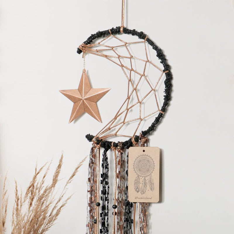 Dremisland Moon Dream Catcher Handmade Half Circle Moon Design Dream Catcher Feather Hanging with Star Home Decoration Ornament Festival Gift (Brown) - Image 3