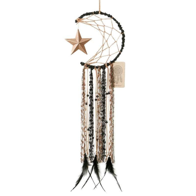 Dremisland Moon Dream Catcher Handmade Half Circle Moon Design Dream Catcher Feather Hanging with Star Home Decoration Ornament Festival Gift (Brown) - Image 1