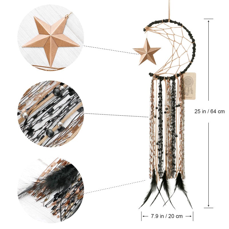 Dremisland Moon Dream Catcher Handmade Half Circle Moon Design Dream Catcher Feather Hanging with Star Home Decoration Ornament Festival Gift (Brown) - Image 2